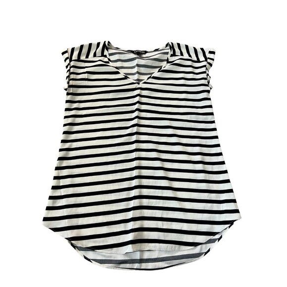 Comfortable Express Cap Sleeve Top Size S Black White Striped Knit - Picture 1 of 10